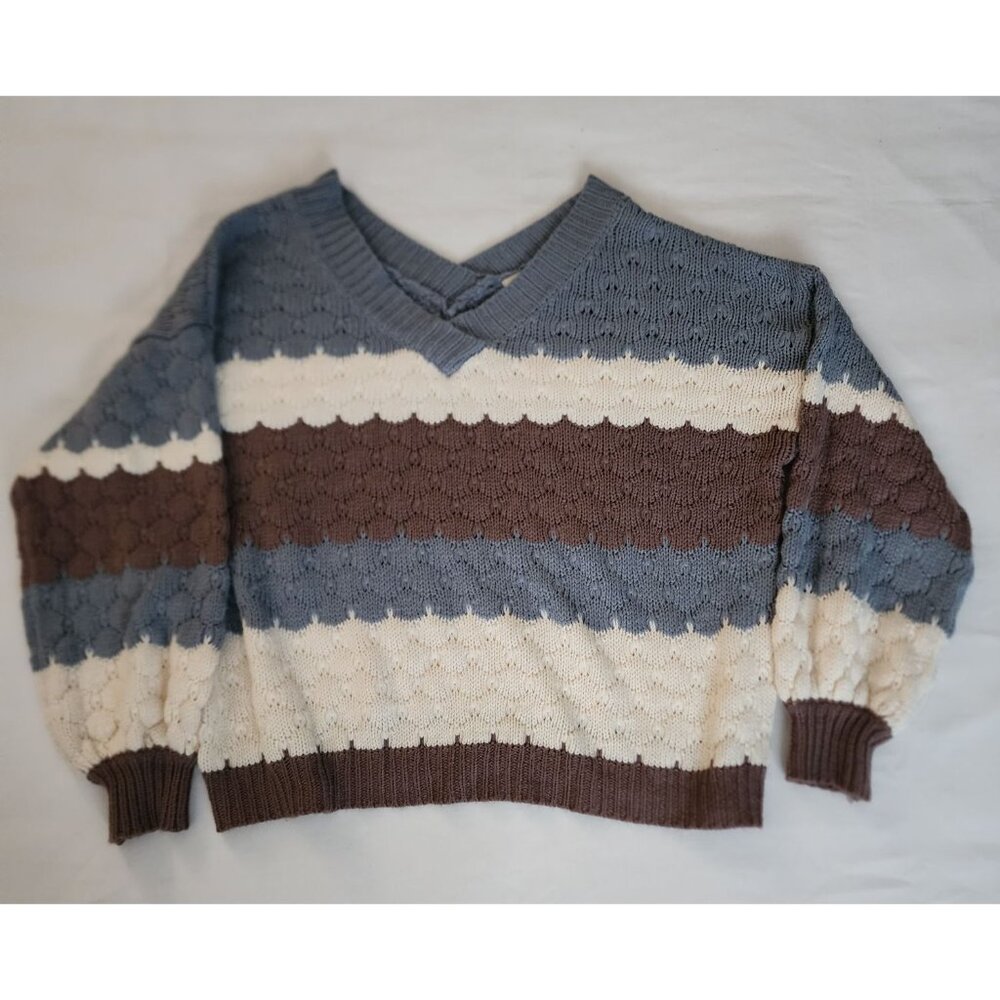 Listicle Womens Cable Knit Drop Shoulder Pullover Sweater Blue/White/Brown Small - Picture 3 of 10